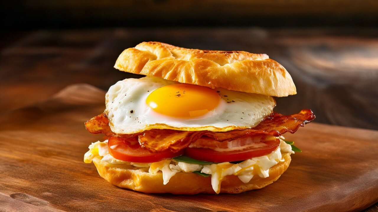 A sandwich with bacon, eggs, tomato and toasted buns.